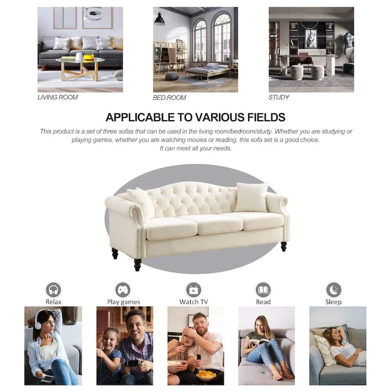 Classic Chesterfield 3-Seater Velvet Sofa with Nailhead Trim and Two Pillows, Ideal for Living Room, Bedroom, or Apartment