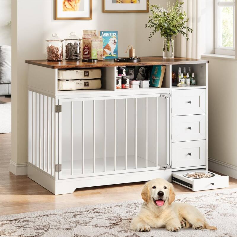 Retro Brown 48 Inch Dog Crate Furniture, Indoor Dog Kennel with Hidden Bowl - White
