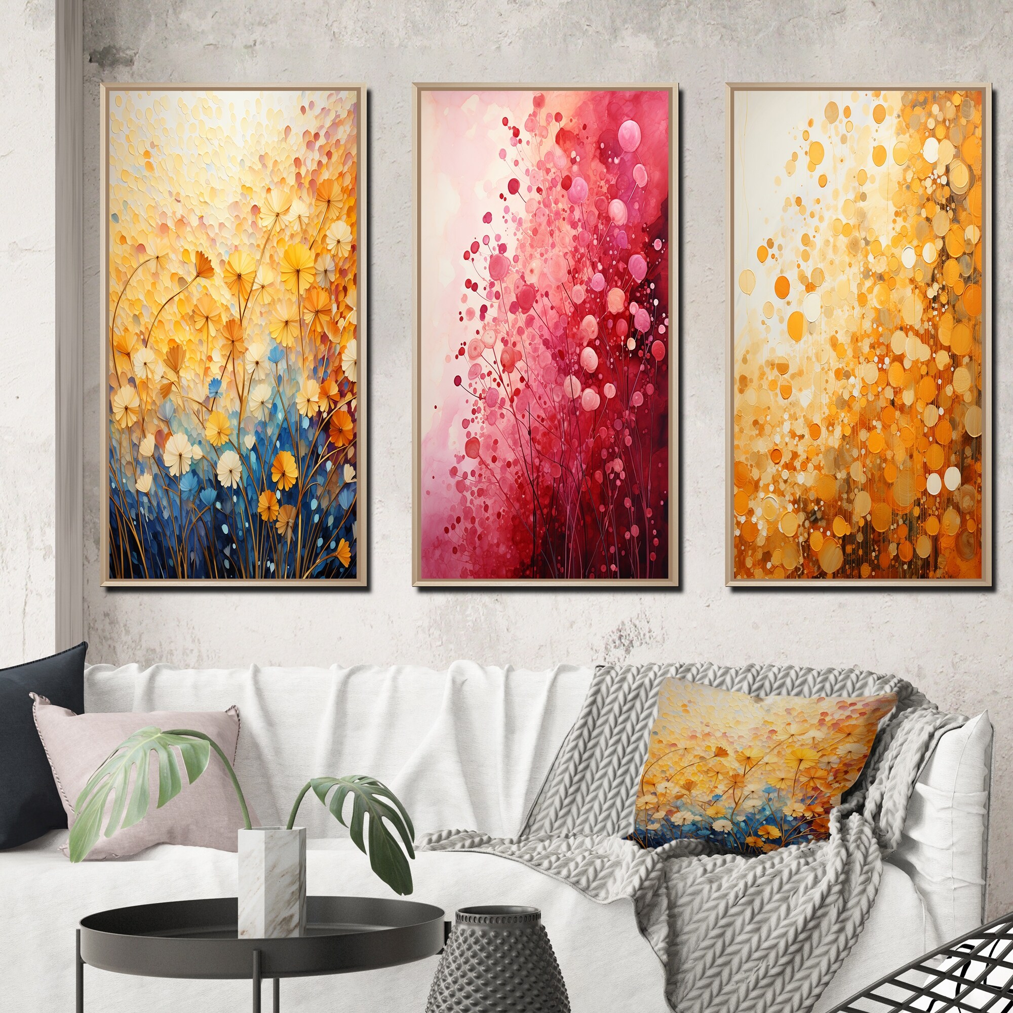 Designart "Golden Harvest III" Abstract Landscape Framed Wall Art Set Of 3 Frame Canvas Set For Living Room Decor