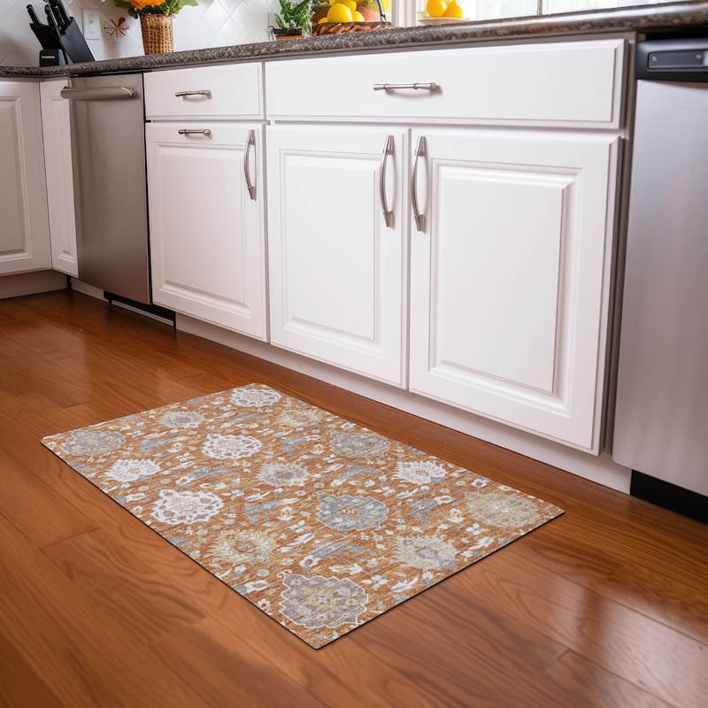 Machine Washable Indoor/ Outdoor Traditional Kashan Chantille Rug - Copper - 1'8" x 2'6"