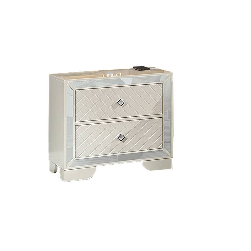 Transitional Style 3pc Bed 2x Nightstand Set LED Light Headboard Diamond Knobs Handles Cream Finish Bedroom Furniture