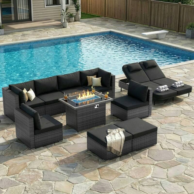 Outdoor Sectional Conversation Set PE Wicker with Double Chaise Lounge, 60,000 BTU Fire Pit Table - 10-Piece/Ottoman - Black