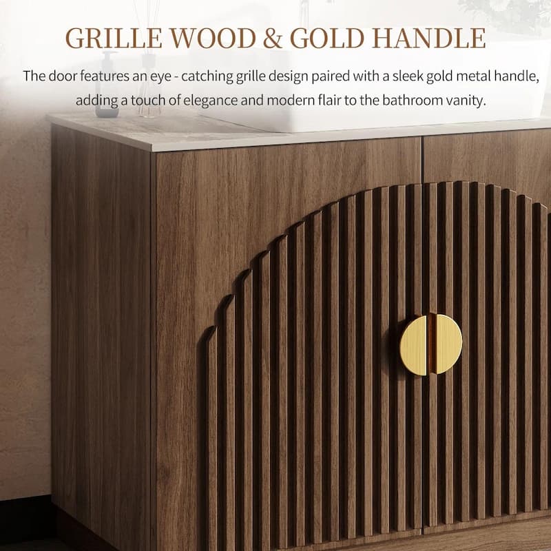 36" Mid - Century Modern Bathroom Vanity With Single Sink Grille Door & Gold Accents