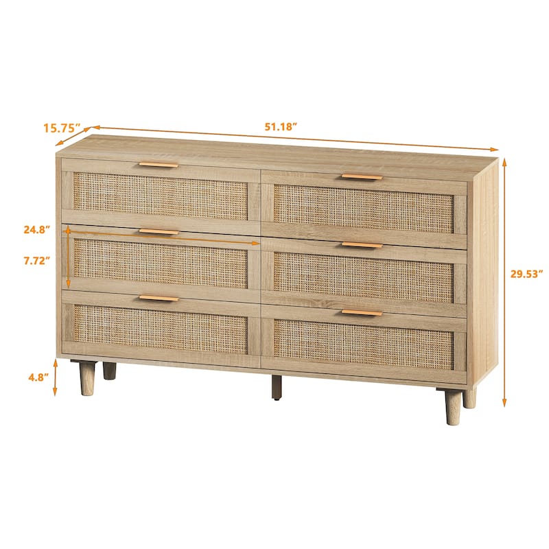 Wood Rattan Dresser with 6 Drawers, Modern Large Storage Cabinet