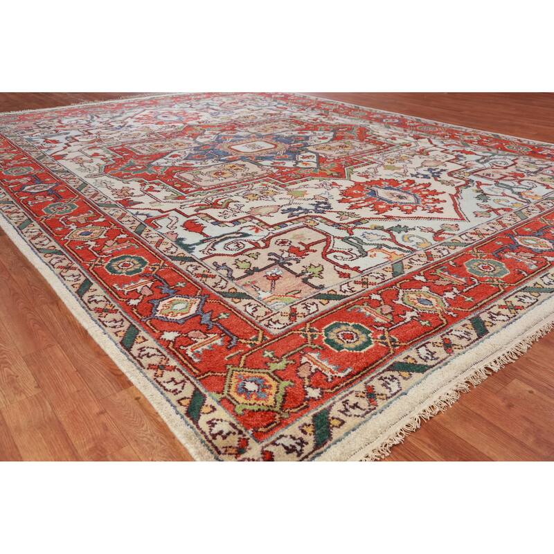 Hand Knotted Oriental 100% Wool Carpet Traditional Medallion Beige & Ivories Heriz (serapi) Area Rug - 12' 0'' X 9' 1''