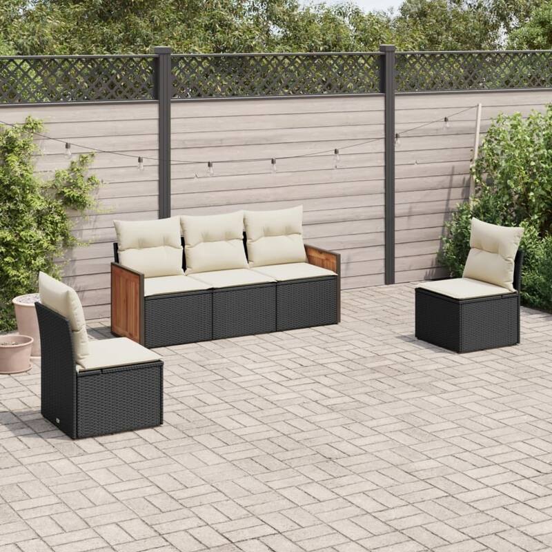 vidaXL Patio Sofa Set with Cushions Outdoor Conversation Furniture Poly Rattan - Black and cream without table - 24.4 x 23.2 x 27.2 in