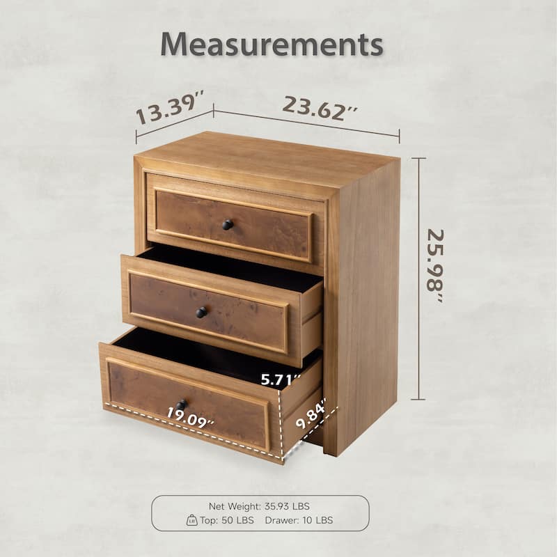 COZAYH Fully Assembled Wooden Nightstand, Burl Front Dresser in Farmhouse Style, Natural Finish Bedside Table with Ample Storage