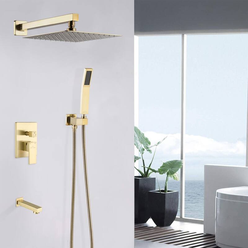 YASINU 10" High-Pressure Rainfall Shower System with Handheld Shower Head and Bathtub Faucet - Brushed Gold