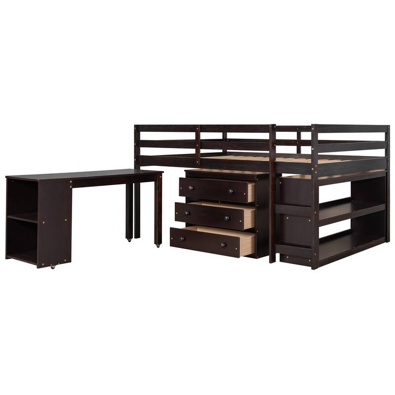 Full Size Loft Bed with Storage Drawers and Rolling Desk, Pine Wood Frame