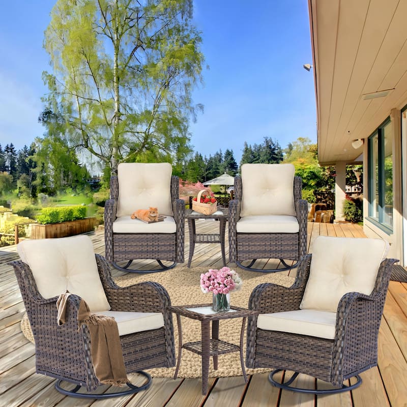 6 piece Wicker Patio Furniture Set with Outdoor Swivel Chair Cushions - Beige-Brown Wicker