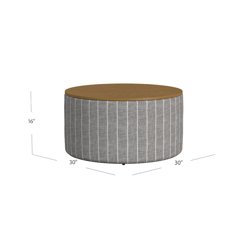 Jena Storage Ottoman, 30 Inch Round Lift Tray Top, Gray Pinstripe