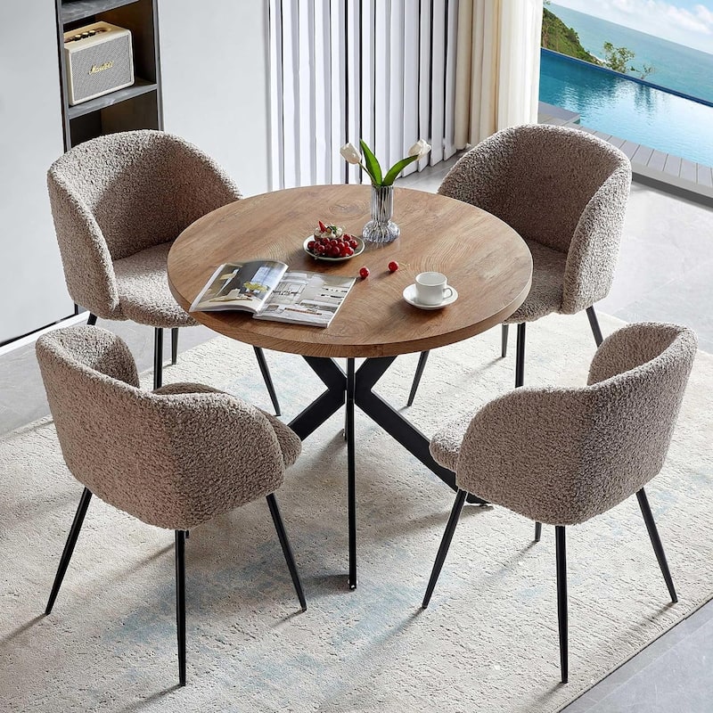 Howtai Round Dining Table Set with Fluffy Sherpa Arm Chairs Space Saving