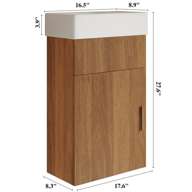 16.5" Modern Floating Bathroom Vanity - with Integrated Ceramic Basin & Storage, Wall-Mounted Vanity for Small Bathrooms