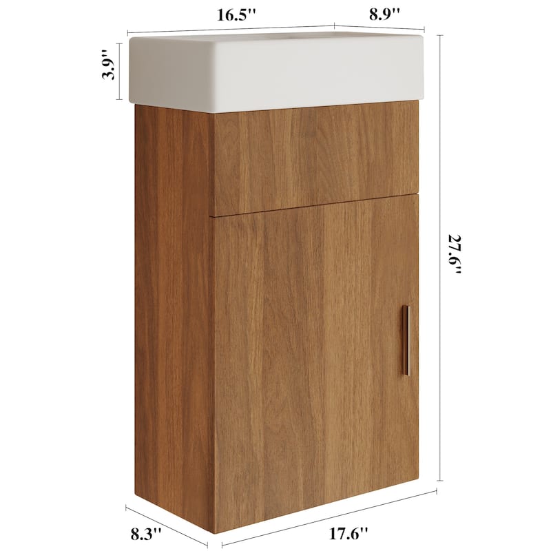 GDFStudio - Modern Compact 16.5" Floating Wall-Mounted Bathroom Vanity with Intergrated Ceramic Basin & Soft-Close Door