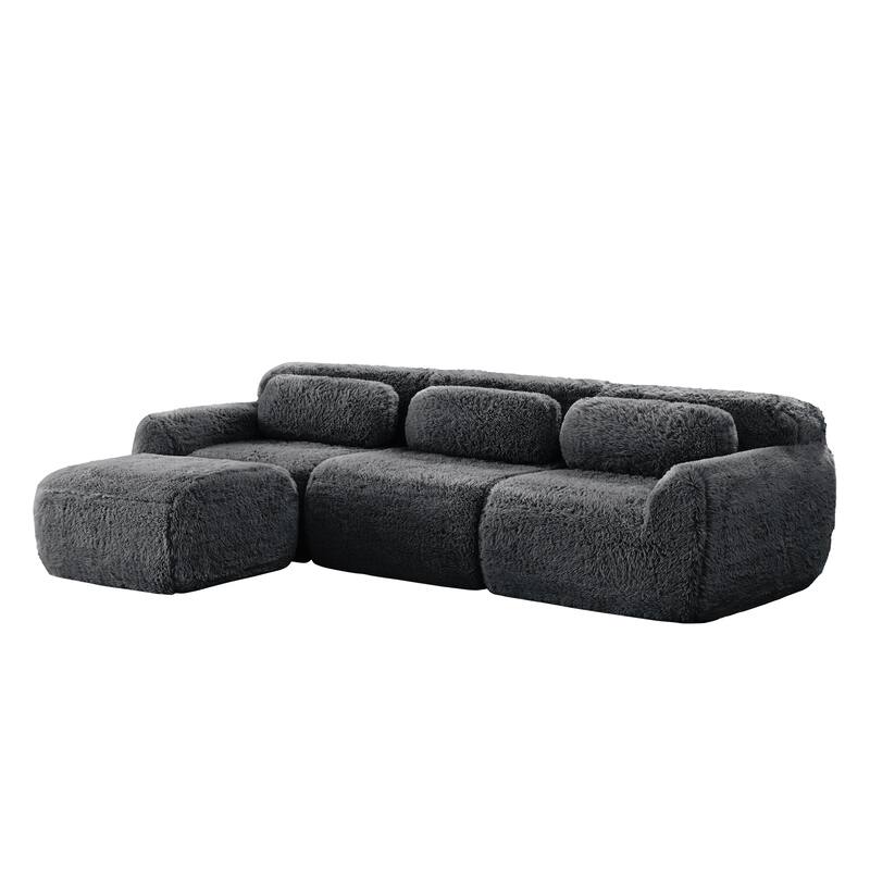 Anmytek Modern L-Shaped Boneless Sofa - Soft Fluffy Plush 32D High Density Sponge with Throw Pillows Movable Ottoman