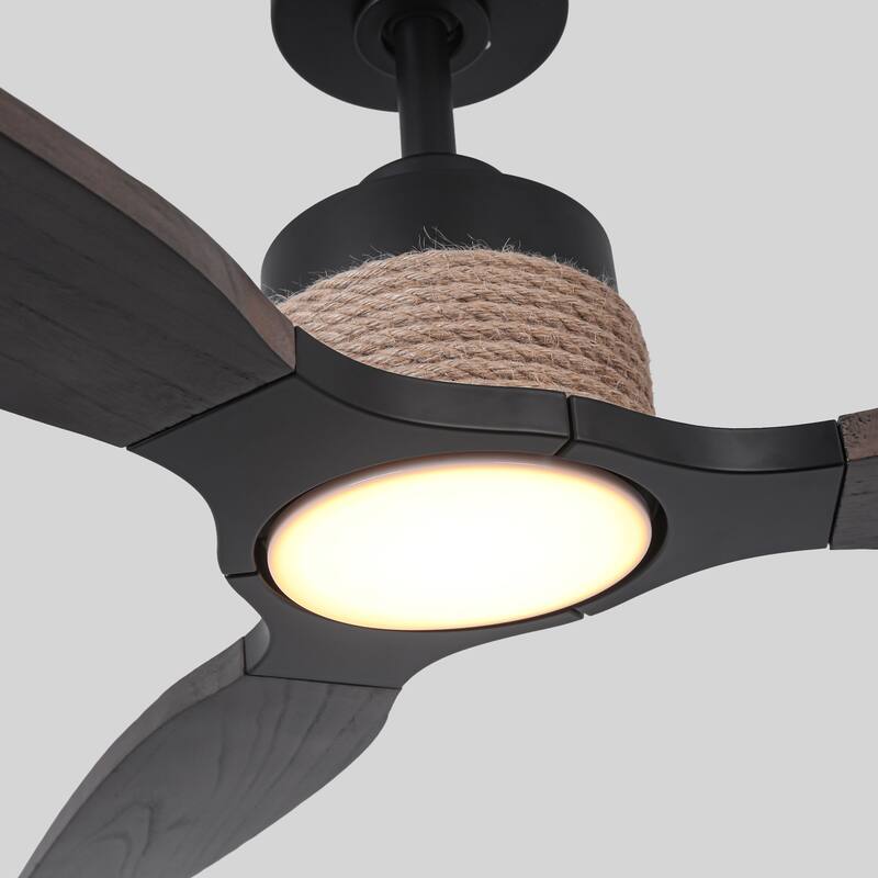 Parrot Uncle 56" Transition Black Solid Wood Jute 3CCT LED Ceiling Fan with Light and Remote