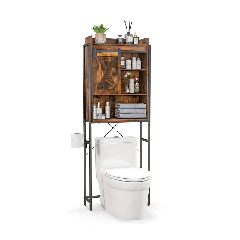 4-Tier Over Toilet Storage Cabinet with Adjustable Shelves and Sliding Door for Bathroom Organization - 25"W x 9.5"D x 67.5"H