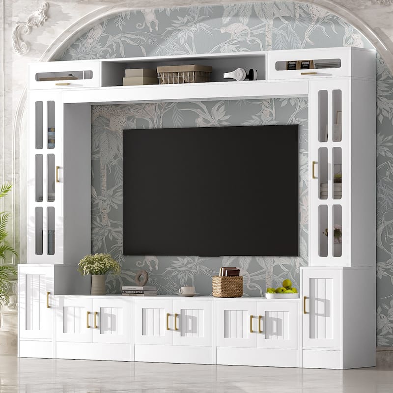 80 inch TV Stand, 8.4 ft Wall Unit Entertainment Center with Bookshelves & Glass Door Cabinets - White