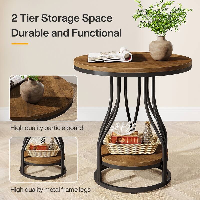 Round Side Table White Gold End Table 2-Tier End Table Modern Bedside Table Small Side Table with Storage for Living Room