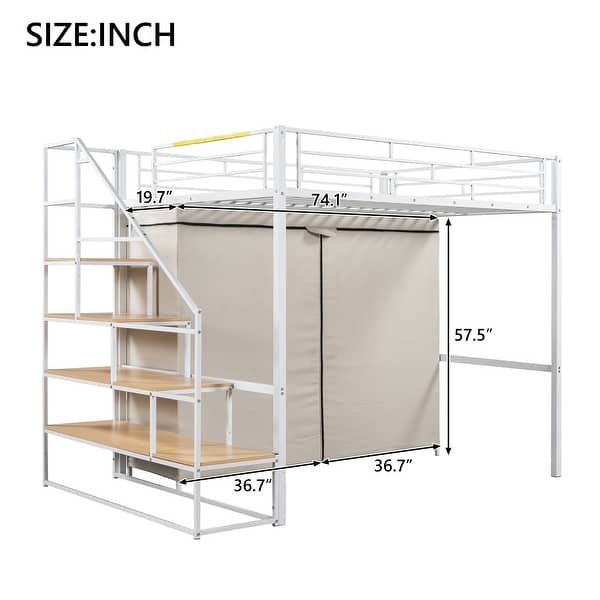 dimension image slide 0 of 2, White Full Size Metal Loft Bed with Wardrobe & Storage Shelves for Kids