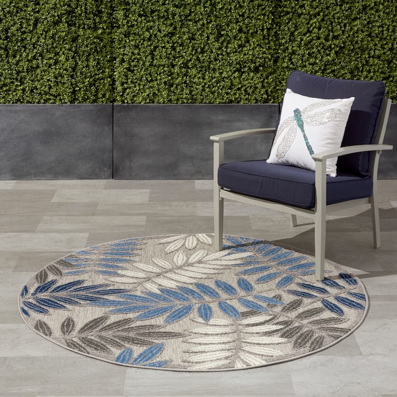 Nourison Aloha Leaf Print Vibrant Indoor/Outdoor Area Rug - 5'3" Round - Grey/Blue
