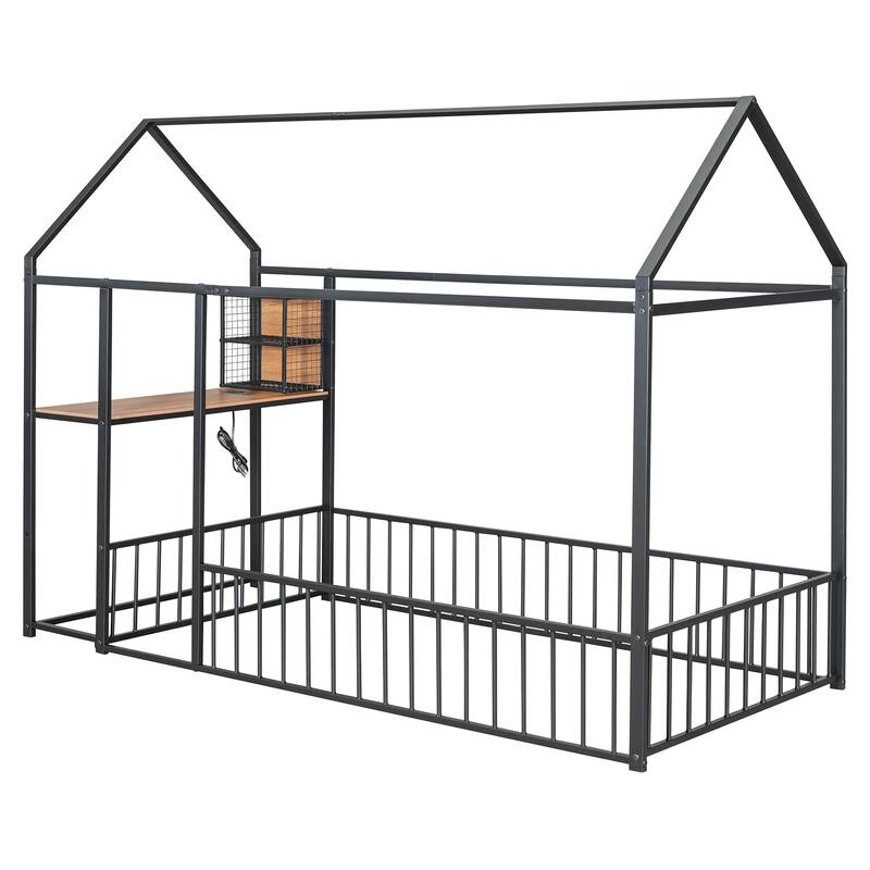 Twin Size Metal Bed House Bed Frame with Desk, Shelves, Power Outlets and USB Ports, White