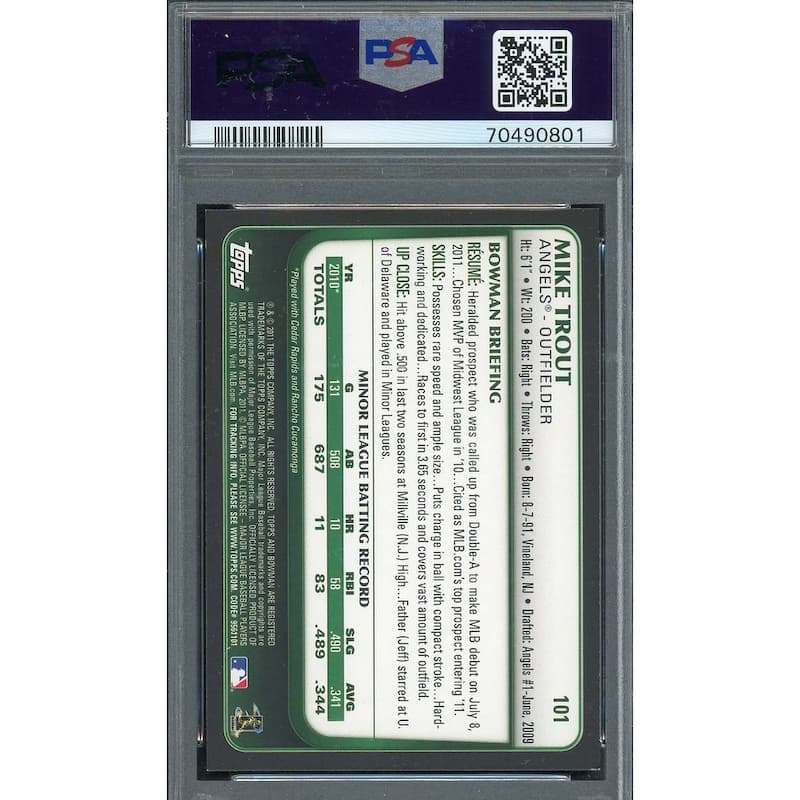 Mike Trout 2011 Bowman Draft Baseball Rookie Card RC #101 Graded PSA 8 - 8'6" x 11'6"