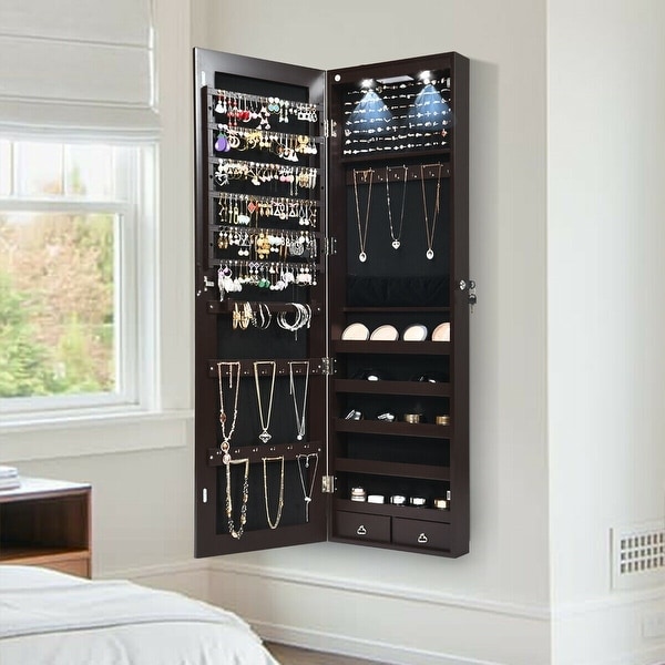 LED Lit Wall and Door Mounted Jewelry Cabinet with Mirror Brown 14 x 4 x 54.5 L x W x H