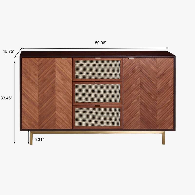 59.06” Modern Mid-Century Walnut Sideboard Buffet with 3 Drawers 2 Door Cabinet, Multi-layer Solid Wood Frame, Fully Assemble