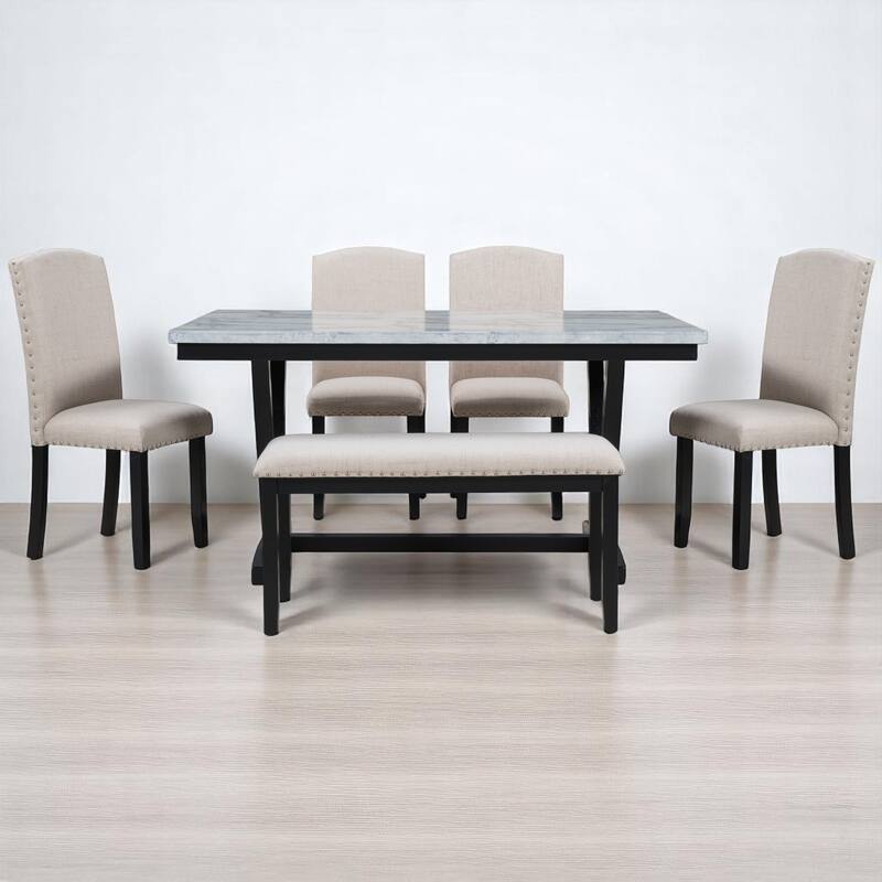 Modern 6-Piece Dining Table Set with Marble Veneer, 4 Upholstered Chairs & Bench, V-Shaped Table Legs for Dining Room & Kitchen
