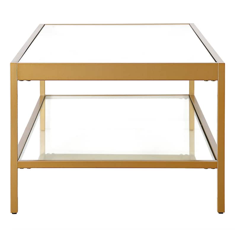 Contemporary 54-Inch Rectangular Coffee Table Glass Top with Steel Base Bottom Storage Shelf Perfect for Living Room