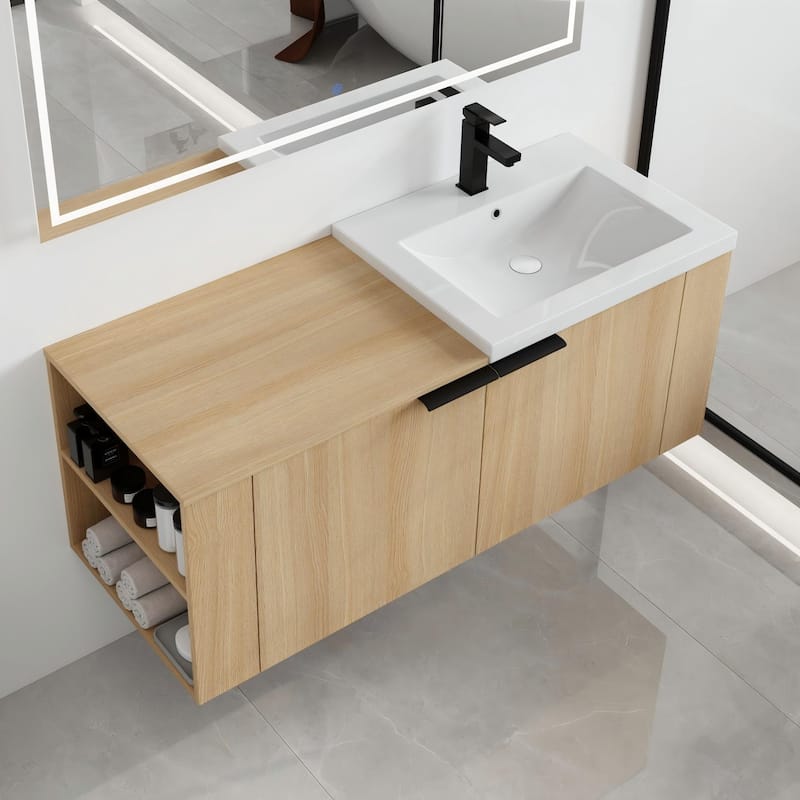 Malwee 48" Floating Bathroom Vanity,Wall Mounted Bathroom Vanity with Sink and 2 Side Shelf - 47.0"×18.0"×19.5" - Brown