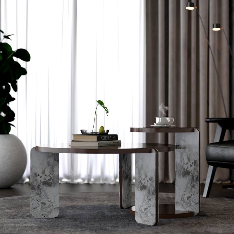 Round Nesting Coffee Table Set of 2, Sintered Stone Top Nesting Tables with Metal Frame, Modern Accent Side Table Set