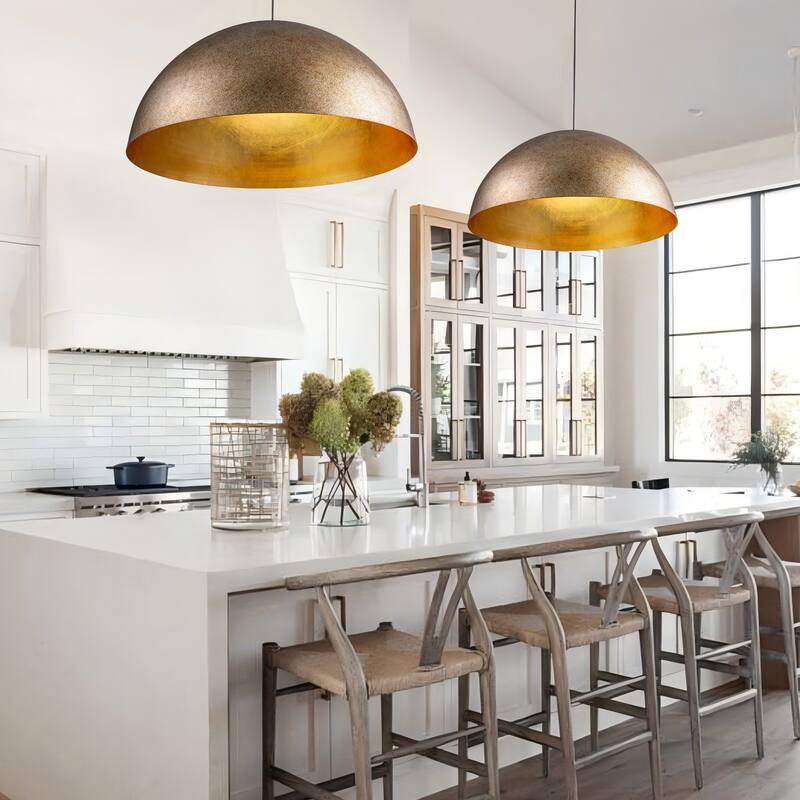 3-Light 31" Modern Industrial Dome Brass&Gold Foil Pendant Light Large Kitchen Island Lighting - 31.49 in. W × 16.53 in. H