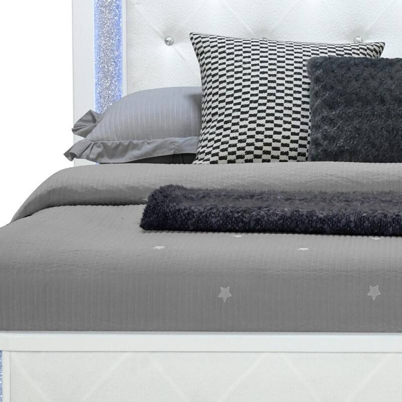 HomeRoots White Faux Crystal Bling Wood And Tufted Cotton Lighted Queen Bed Frame