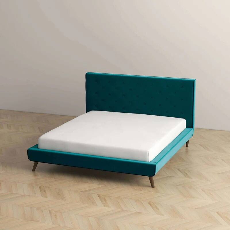 Velvet Platform Bed with Tufted Headboard and Tapered Legs, Queen Size