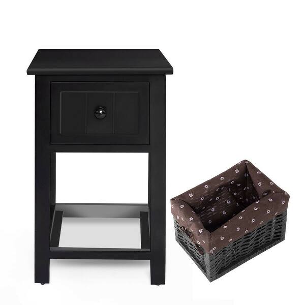 2 Pcs 2 Tier Nightstand 1 Drawer Bedside End Table Organizer Wood W Basket Black
