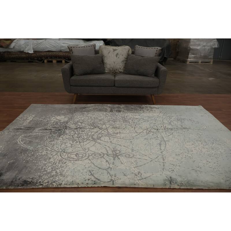 Hand Knotted Oriental Viscose Silk Carpet Modern Contemporary Greys & Charcoal Contemporary Area Rug - 9' 3'' X 6' 3''