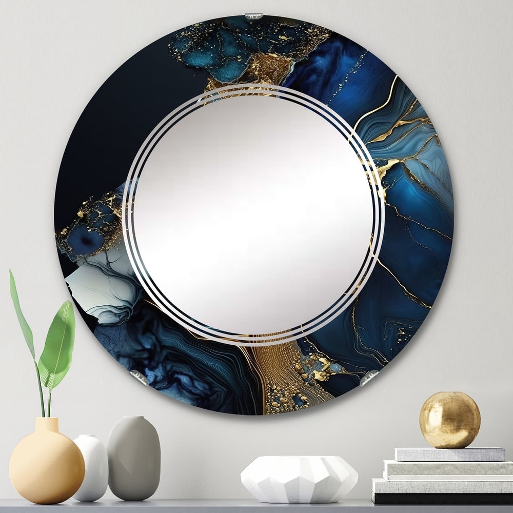 Designart 'Abstract Geode Gold And Blue Marble V' Printed Abstract Marble Wall Mirror
