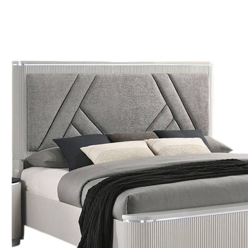 Alda King Bed, Upholstered Geometric Headboard, Light Gray Reeded Wood