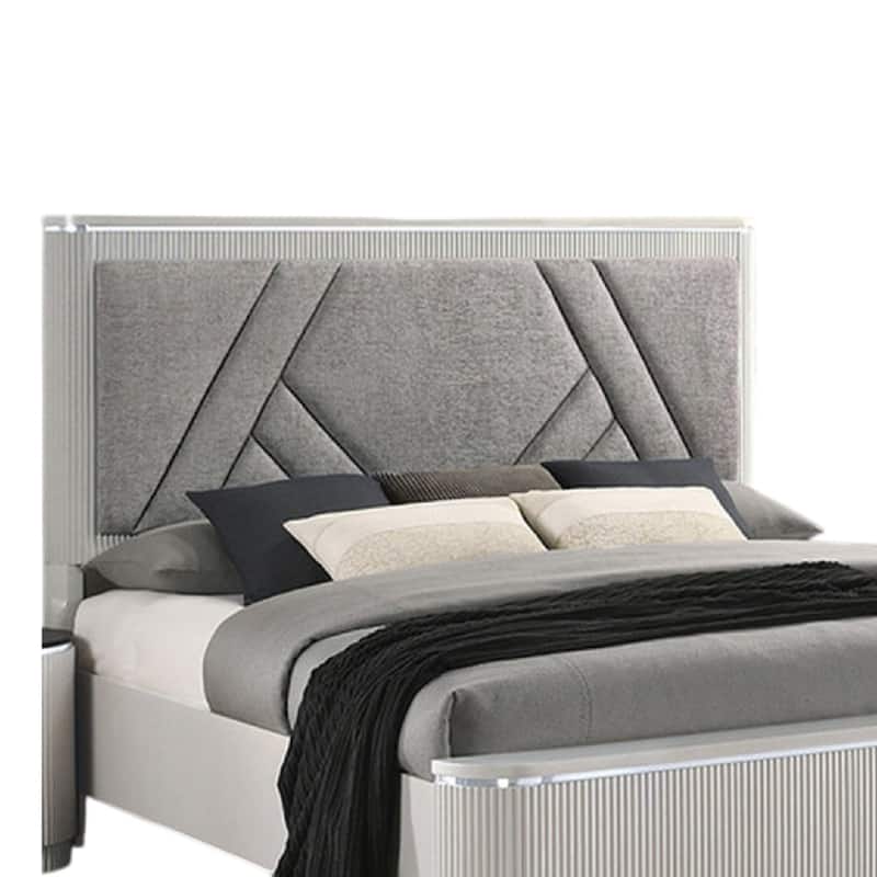 Alda Queen Bed, Upholstered Geometric Headboard, Light Gray Reeded Wood