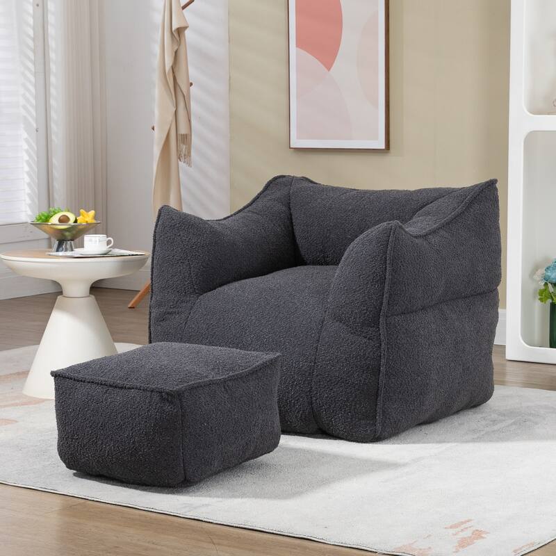 Boucle Upholstered Deep Seat Armless Square Bean Bag Chair with Ottoman - Black