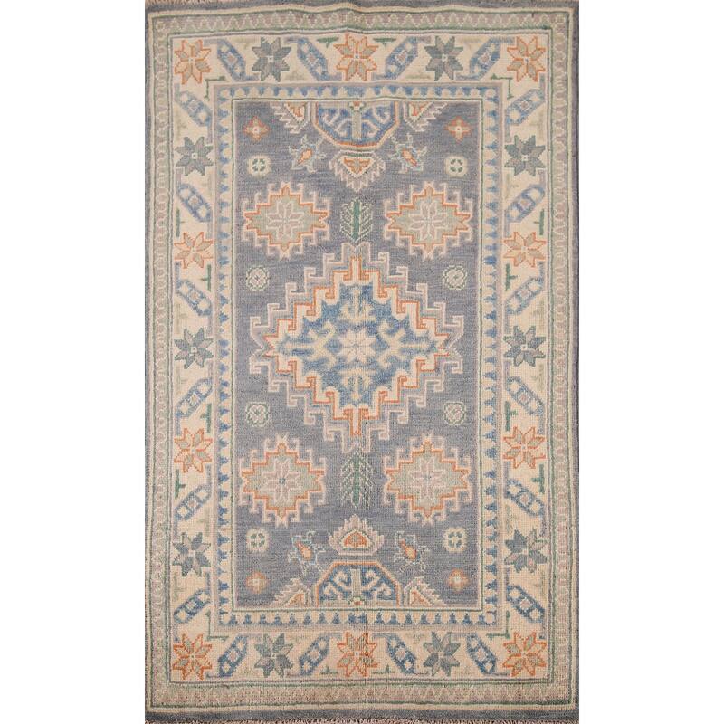 Geometric Kazak Accent Rug Hand-Knotted Grey Wool Carpet - 2'7" x 4'2"