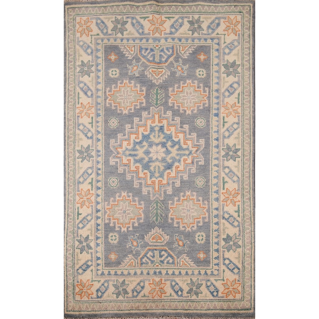 Geometric Kazak Accent Rug Hand-Knotted Grey Wool Carpet - 2'7" x 4'2"