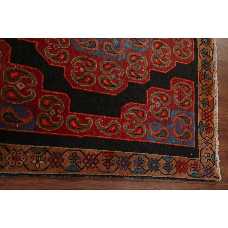Black & Red Hamedan Persian Vintage Runner Rug Handmade Wool Carpet - 3'9" x 9'4"