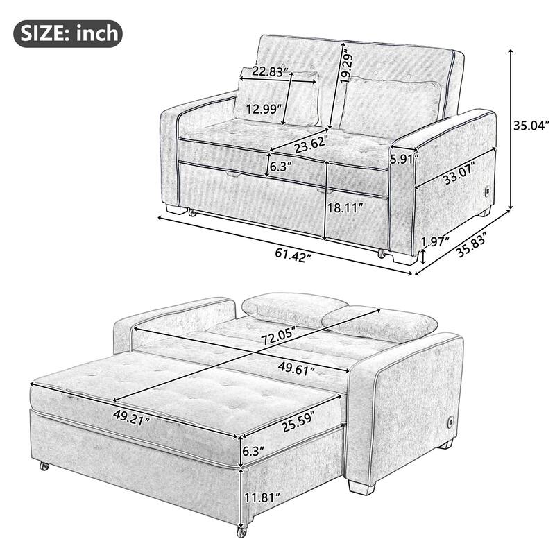 Upholstered Loveseat Pull Out Sofa Bed, Lounge Couch w2 Pillows & 2 USB Port, Adjustable Backrest Futon Sofa Tufted Couch