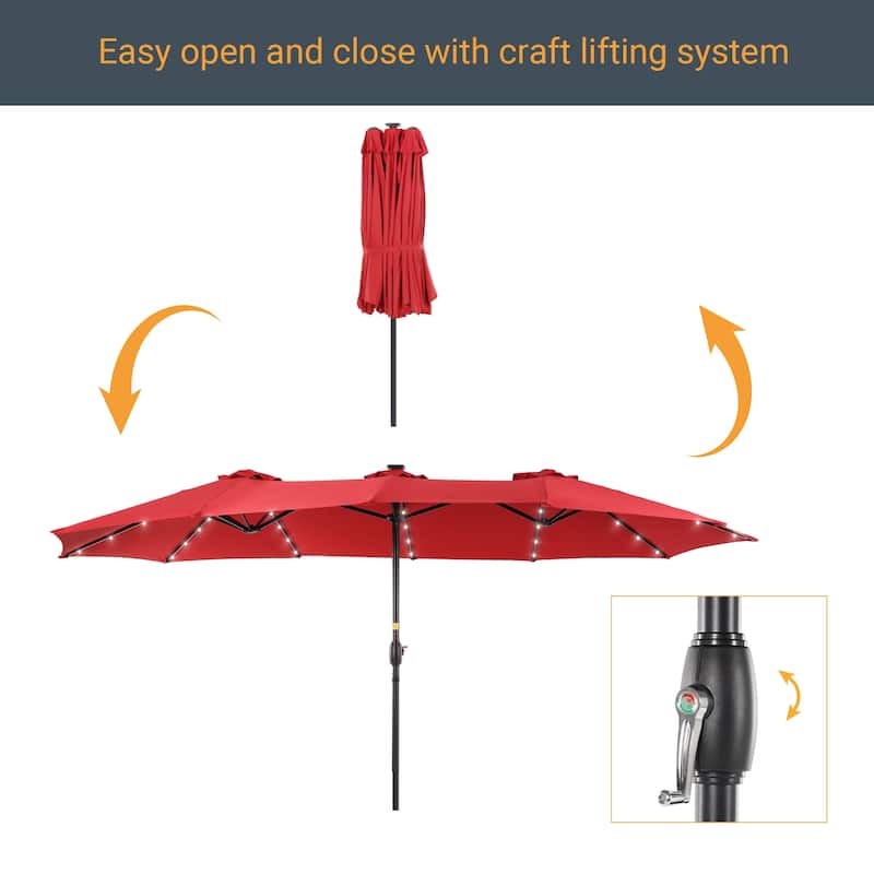 LIVOOSUN 15×9FT LED Double-sided Patio Umbrella with UPF50+ and Handle, and Wind-Resistant Design——Experience Outdoor Comfort