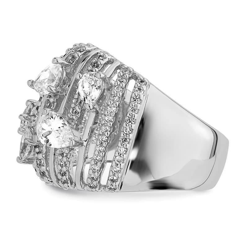 Curata 925 Sterling Silver Rhodium Plated Pear CZ Cubic Zirconia Domed Cluster Fancy Ring