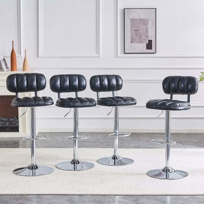 Set of 2 Adjustable Height Bar Stools, PU Leather Upholstered with Chrome Base & Footrest, Modern Comfortable Stools