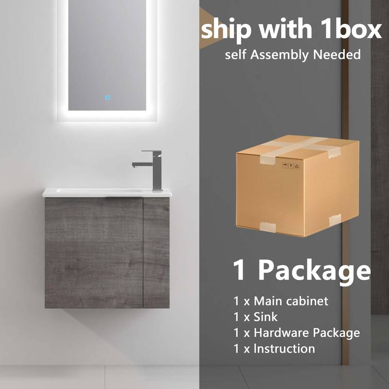 22 inch Plywood Wall-Mounted Bathroom Vanity in Grey Oak with Integrated Ceramic Sink in White with Soft Closing Door